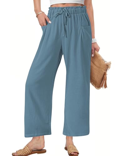 HMIYA Leinenhose Damen 7/8 Culotte Sommer Leichte Hohe Taille Hose Palazzo Leinen Freizeithose Sommerhose mit Tasche und Tunnelzug,Haze Blue,XL von HMIYA