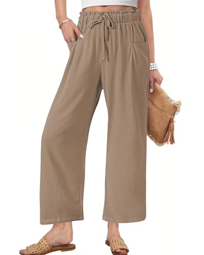 HMIYA Leinenhose Damen 7/8 Culotte Sommer Leichte Hohe Taille Hose Palazzo Leinen Freizeithose Sommerhose mit Tasche und Tunnelzug,Kaffeebraun,M von HMIYA