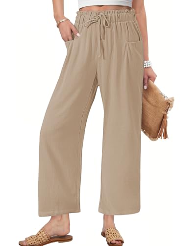 HMIYA Leinenhose Damen 7/8 Culotte Sommer Leichte Hohe Taille Hose Palazzo Leinen Freizeithose Sommerhose mit Tasche und Tunnelzug,Khaki,2XL von HMIYA