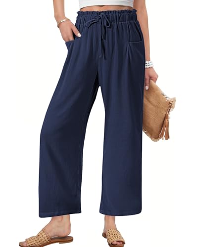 HMIYA Leinenhose Damen 7/8 Culotte Sommer Leichte Hohe Taille Hose Palazzo Leinen Freizeithose Sommerhose mit Tasche und Tunnelzug,Navy,S von HMIYA