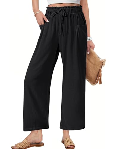 HMIYA Leinenhose Damen 7/8 Culotte Sommer Leichte Hohe Taille Hose Palazzo Leinen Freizeithose Sommerhose mit Tasche und Tunnelzug,Schwarze,M von HMIYA