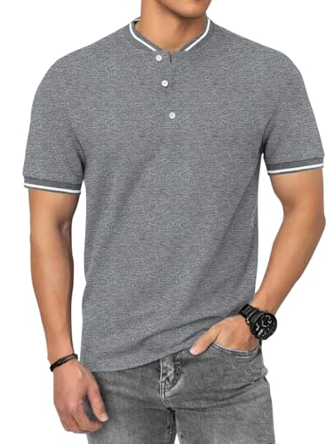 HMIYA Poloshirt Herren Kurzarm Atmungsaktiv Baumwolle Sommer Henley Knopfleiste Kontrastierender Einfassung Basic Golf T-Shirts von HMIYA