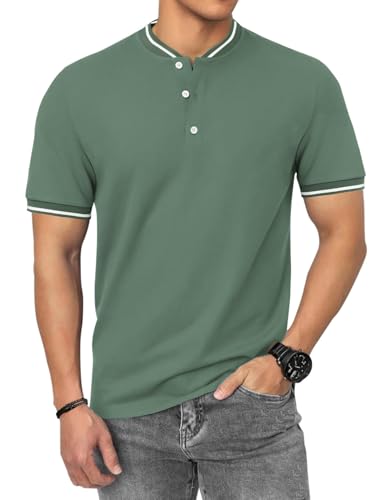 HMIYA Poloshirt Herren Kurzarm Atmungsaktiv Baumwolle Sommer Henley Knopfleiste Kontrastierender Einfassung Basic Golf T-Shirts von HMIYA