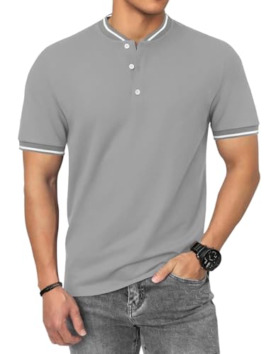 HMIYA Poloshirt Herren Kurzarm Atmungsaktiv Baumwolle Sommer Henley Knopfleiste Kontrastierender Einfassung Basic Golf T-Shirts von HMIYA
