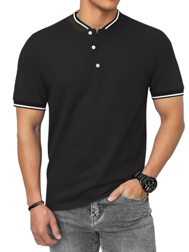 HMIYA Poloshirt Herren Kurzarm Atmungsaktiv Baumwolle Sommer Henley Knopfleiste Kontrastierender Einfassung Basic Golf T-Shirts von HMIYA