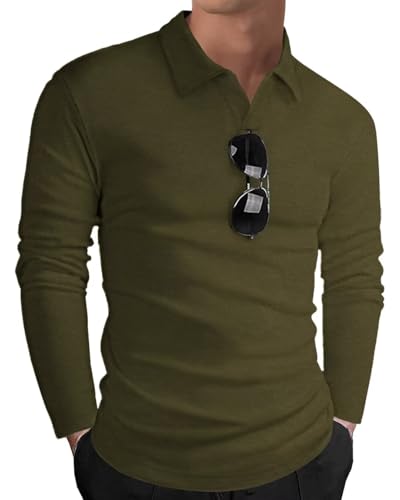 HMIYA Poloshirt Herren Langarm Baumwolle Langarmshirt Sweatshirt V-Ausschnitt Casual T-Shirts (Armeegrün,L) von HMIYA