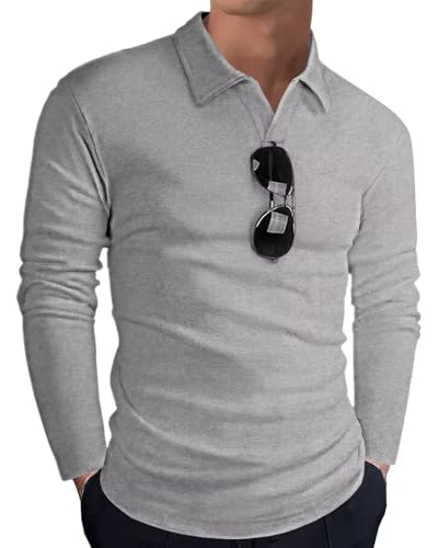 HMIYA Poloshirt Herren Langarm Baumwolle Langarmshirt Sweatshirt V-Ausschnitt Casual T-Shirts (Hellgrau,XL) von HMIYA