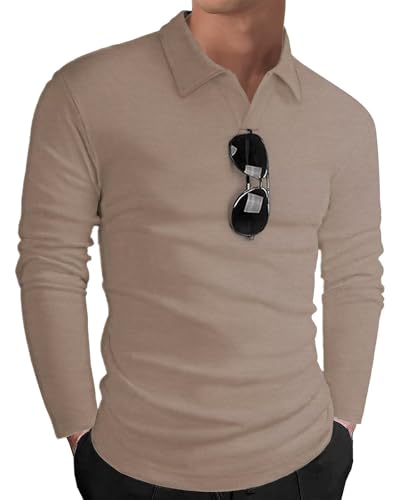 HMIYA Poloshirt Herren Langarm Baumwolle Langarmshirt Sweatshirt V-Ausschnitt Casual T-Shirts (Sandiges Beige,2XL) von HMIYA