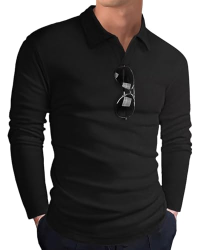 HMIYA Poloshirt Herren Langarm Baumwolle Langarmshirt Sweatshirt V-Ausschnitt Casual T-Shirts (Schwarz,M) von HMIYA