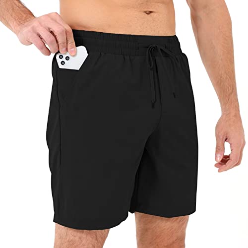 HMIYA Sporthose Herren Kurz Sports Shorts Schnell Trocknend Kurze Hosen mit Reissverschluss Taschen (Schwarz,L) von HMIYA