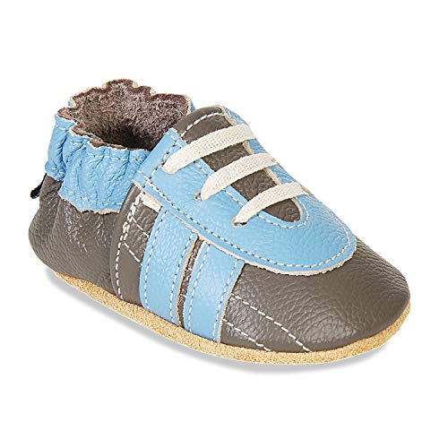 HMIYA Weiche Leder Krabbelschuhe Babyschuhe Lauflernschuhe mit Wildledersohlen für Jungen und Mädchen(0-6 Monate,Dunkelgrau) von HMIYA