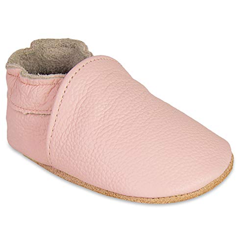 HMIYA Weiche Leder Krabbelschuhe Babyschuhe Lauflernschuhe mit Wildledersohlen für Jungen und Mädchen(0-6 Monate,Hell Pink) von HMIYA