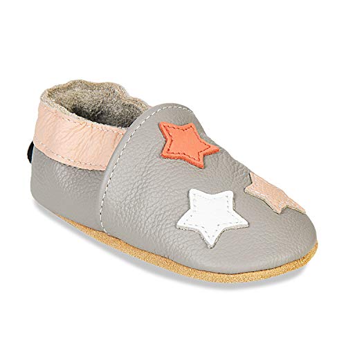 HMIYA Weiche Leder Krabbelschuhe Babyschuhe Lauflernschuhe mit Wildledersohlen für Jungen und Mädchen(0-6 Monate,Hellgrau Stern) von HMIYA