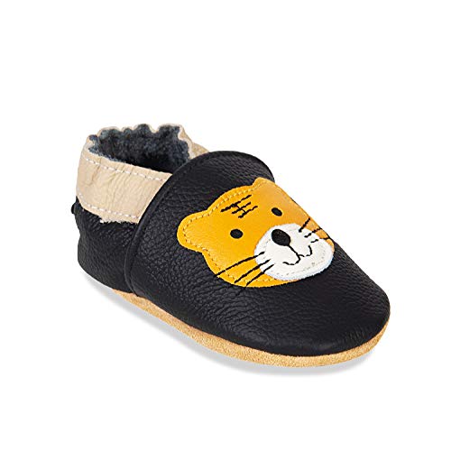 HMIYA Weiche Leder Krabbelschuhe Babyschuhe Lauflernschuhe mit Wildledersohlen für Jungen und Mädchen(0-6 Monate,Schwarz Tiger) von HMIYA