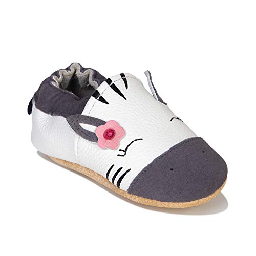 HMIYA Weiche Leder Krabbelschuhe Babyschuhe Lauflernschuhe mit Wildledersohlen für Jungen und Mädchen(0-6 Monate,Weiß) von HMIYA