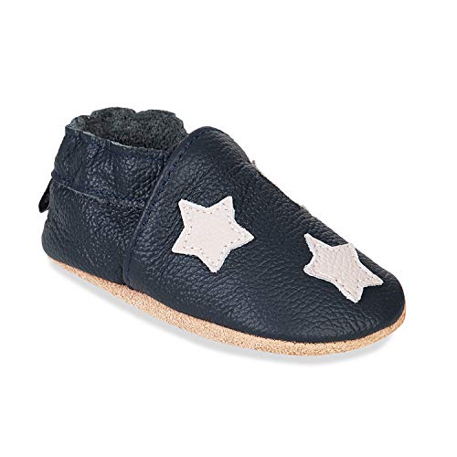 HMIYA Weiche Leder Krabbelschuhe Babyschuhe Lauflernschuhe mit Wildledersohlen für Jungen und Mädchen(12-18 Monate,Dunkelblau) von HMIYA