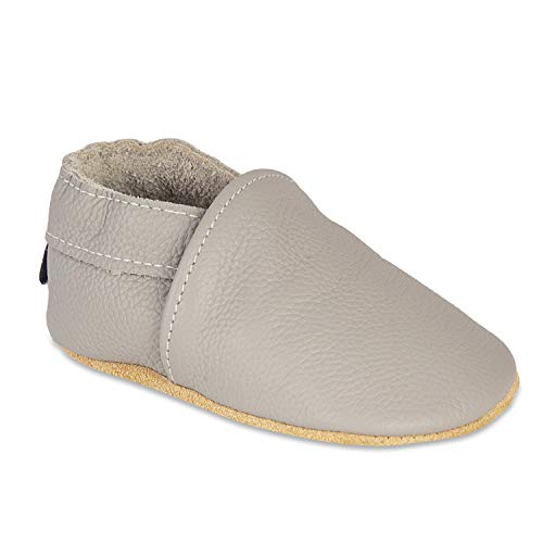 HMIYA Weiche Leder Krabbelschuhe Babyschuhe Lauflernschuhe mit Wildledersohlen für Jungen und Mädchen(12-18 Monate,Hellgrau) von HMIYA