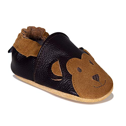 HMIYA Weiche Leder Krabbelschuhe Babyschuhe Lauflernschuhe mit Wildledersohlen für Jungen und Mädchen(18-24 Monate,Braun) von HMIYA