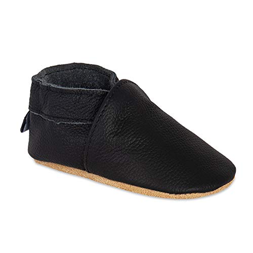 HMIYA Weiche Leder Krabbelschuhe Babyschuhe Lauflernschuhe mit Wildledersohlen für Jungen und Mädchen(18-24 Monate,Schwarz) von HMIYA