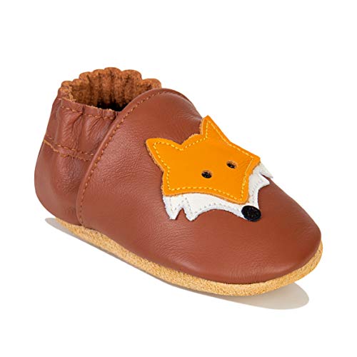 HMIYA Weiche Leder Krabbelschuhe Babyschuhe Lauflernschuhe mit Wildledersohlen für Jungen und Mädchen(6-12 Monate,Hellbraun) von HMIYA