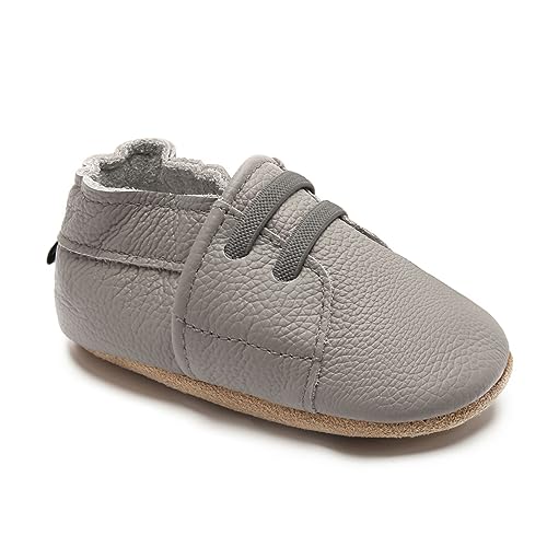 HMIYA Weiche Leder Krabbelschuhe Babyschuhe Lauflernschuhe mit Wildledersohlen für Jungen und Mädchen 0-6 Monate 6-12 Monate 12-18 Monate 18-24 Monate（0-6 Monate，Grau） von HMIYA
