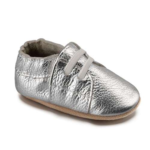 HMIYA Weiche Leder Krabbelschuhe Babyschuhe Lauflernschuhe mit Wildledersohlen für Jungen und Mädchen 0-6 Monate 6-12 Monate 12-18 Monate 18-24 Monate（0-6 Monate，Silbrig） von HMIYA