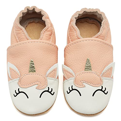 HMIYA Weiche Leder Krabbelschuhe Babyschuhe Lauflernschuhe mit Wildledersohlen für Jungen und Mädchen 0-6 Monate 6-12 Monate 12-18 Monate 18-24 Monate（12-18 Monate，Hell-Pink） von HMIYA