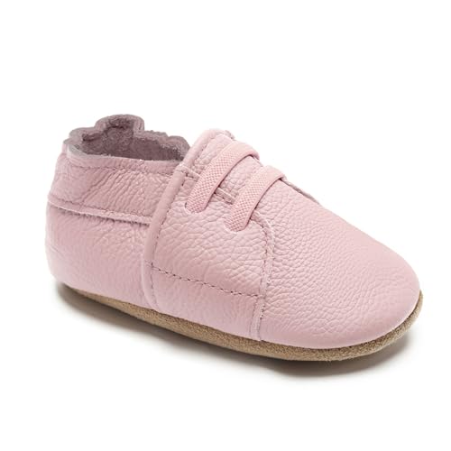 HMIYA Weiche Leder Krabbelschuhe Babyschuhe Lauflernschuhe mit Wildledersohlen für Jungen und Mädchen 0-6 Monate 6-12 Monate 12-18 Monate 18-24 Monate（12-18 Monate，Rosa） von HMIYA