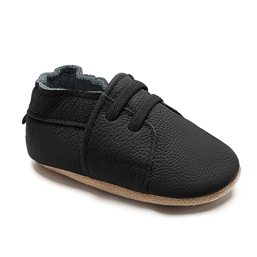 HMIYA Weiche Leder Krabbelschuhe Babyschuhe Lauflernschuhe mit Wildledersohlen für Jungen und Mädchen 0-6 Monate 6-12 Monate 12-18 Monate 18-24 Monate（12-18 Monate，Schwarz） von HMIYA