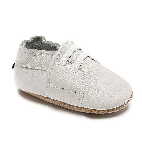 HMIYA Weiche Leder Krabbelschuhe Babyschuhe Lauflernschuhe mit Wildledersohlen für Jungen und Mädchen 0-6 Monate 6-12 Monate 12-18 Monate 18-24 Monate（12-18 Monate，Weiß） von HMIYA