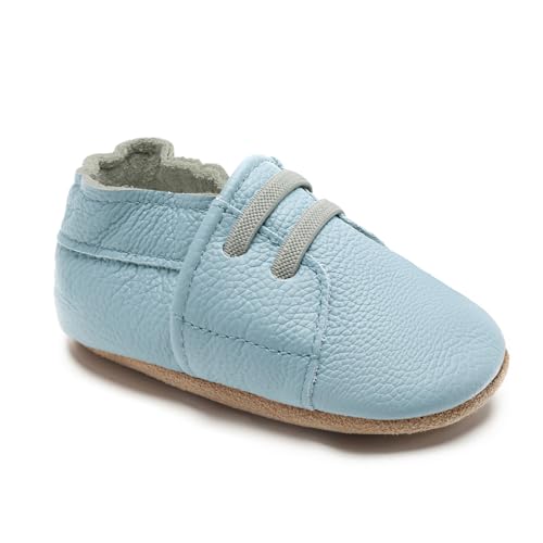 HMIYA Weiche Leder Krabbelschuhe Babyschuhe Lauflernschuhe mit Wildledersohlen für Jungen und Mädchen 0-6 Monate 6-12 Monate 12-18 Monate 18-24 Monate（18-24 Monate，Blau） von HMIYA