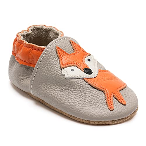 HMIYA Weiche Leder Krabbelschuhe Babyschuhe Lauflernschuhe mit Wildledersohlen für Mädchen und Jungen(0-6 Monate,Grau HL) von HMIYA