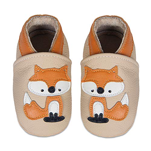 HMIYA Weiche Leder Krabbelschuhe Babyschuhe Lauflernschuhe mit Wildledersohlen für Mädchen und Jungen（0-6 Monate，Khaki） von HMIYA