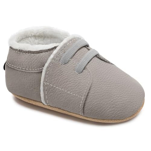 HMIYA Weiche Leder Krabbelschuhe Winter Lauflernschuhe Gefüttert Plüsch Babyschuhe Warm Lederpuschen Baby mit Wildledersohlen（0-6 Monate，Grau Gefüttert） von HMIYA