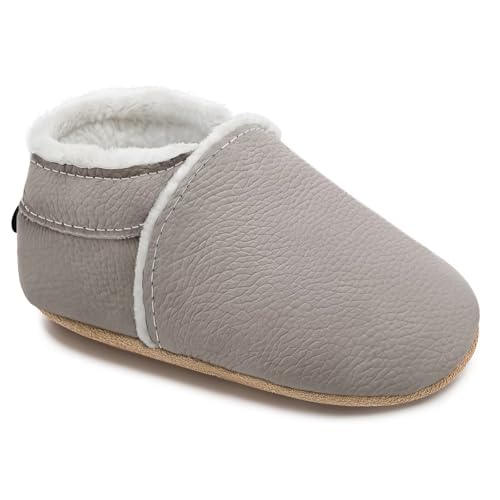 HMIYA Weiche Leder Krabbelschuhe Winter Lauflernschuhe Gefüttert Plüsch Babyschuhe Warm Lederpuschen Baby mit Wildledersohlen（12-18 Monate，Hellgrau Gefüttert） von HMIYA