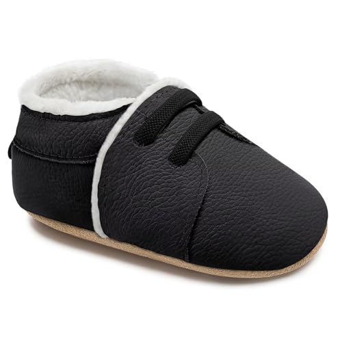 HMIYA Weiche Leder Krabbelschuhe Winter Lauflernschuhe Gefüttert Plüsch Babyschuhe Warm Lederpuschen Baby mit Wildledersohlen（18-24 Monate，Schwarz Gefüttert） von HMIYA