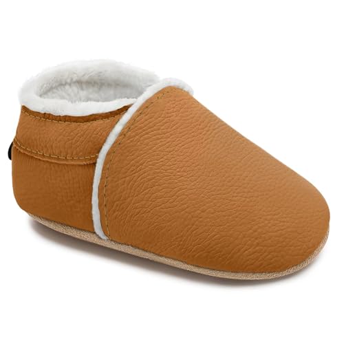 HMIYA Weiche Leder Krabbelschuhe Winter Lauflernschuhe Gefüttert Plüsch Babyschuhe Warm Lederpuschen Baby mit Wildledersohlen（6-12 Monate，Braun Gefüttert） von HMIYA