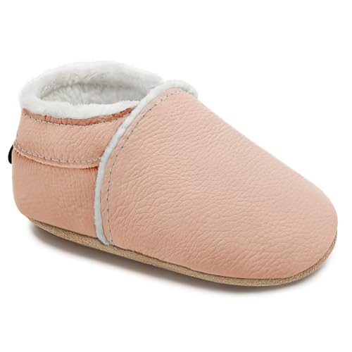 HMIYA Weiche Leder Krabbelschuhe Winter Lauflernschuhe Gefüttert Plüsch Babyschuhe Warm Lederpuschen Baby mit Wildledersohlen（6-12 Monate，Hellrosa Gefüttert） von HMIYA