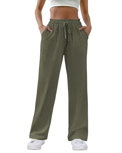 HMIYA Weite Hosen Damen 100% Baumwolle Lässig Gerade Stoffhose Leichte Hohe Taille Palazzo Hose mit Taschen,Olivgrün,XL von HMIYA