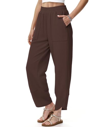 HMIYA Weite Hosen Damen Baumwoll Stoffhose Leichte Casual Sommerhose Bequem Freizeithose mit Taschen,Dunkelbraun,XL von HMIYA