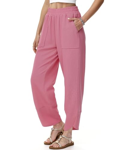 HMIYA Weite Hosen Damen Baumwoll Stoffhose Leichte Casual Sommerhose Bequem Freizeithose mit Taschen,Rosa,M von HMIYA