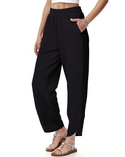 HMIYA Weite Hosen Damen Baumwoll Stoffhose Leichte Casual Sommerhose Bequem Freizeithose mit Taschen,Schwarze,M von HMIYA