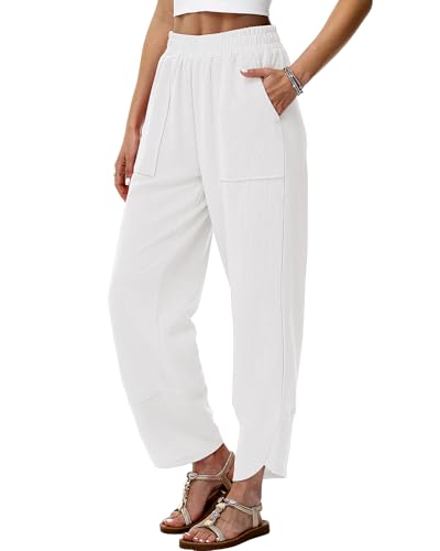 HMIYA Weite Hosen Damen Baumwoll Stoffhose Leichte Casual Sommerhose Bequem Freizeithose mit Taschen,Weiß,2XL von HMIYA
