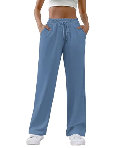 HMIYA Weite Hosen Damen 100% Baumwolle Lässig Gerade Stoffhose Leichte Hohe Taille Palazzo Hose mit Taschen,Blau,2XL von HMIYA