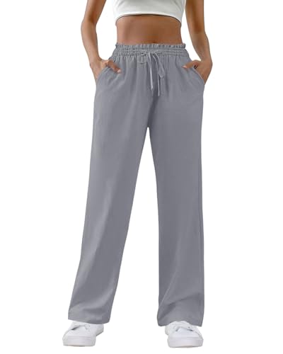 HMIYA Weite Hosen Damen 100% Baumwolle Lässig Gerade Stoffhose Leichte Hohe Taille Palazzo Hose mit Taschen,Grau,XL von HMIYA