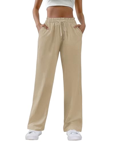 HMIYA Weite Hosen Damen 100% Baumwolle Lässig Gerade Stoffhose Leichte Hohe Taille Palazzo Hose mit Taschen,Khaki,M von HMIYA