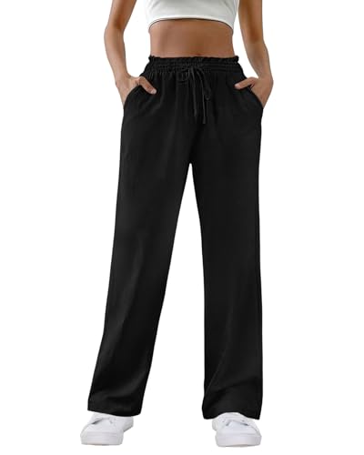 HMIYA Weite Hosen Damen 100% Baumwolle Lässig Gerade Stoffhose Leichte Hohe Taille Palazzo Hose mit Taschen,Schwarze,L von HMIYA