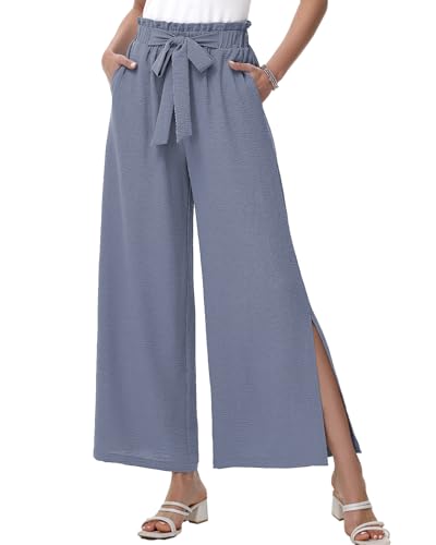 HMIYA Weite Hosen Damen Lässig Elegant Palazzo Hose Leichte Hohe Taille Sommerhose mit Taschen,Haze Blue,M von HMIYA
