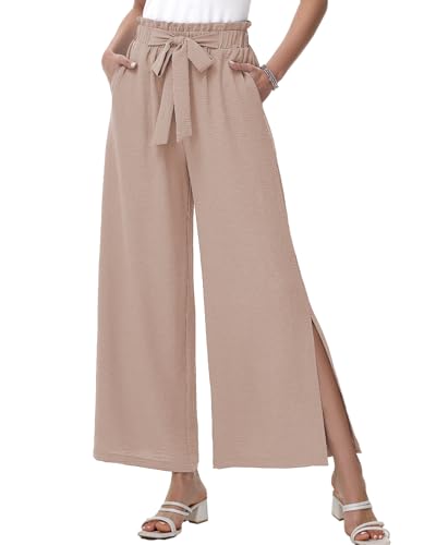 HMIYA Weite Hosen Damen Lässig Elegant Palazzo Hose Leichte Hohe Taille Sommerhose mit Taschen,Khaki,M von HMIYA