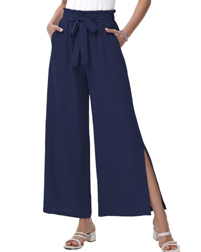 HMIYA Weite Hosen Damen Lässig Elegant Palazzo Hose Leichte Hohe Taille Sommerhose mit Taschen,Navy,M von HMIYA